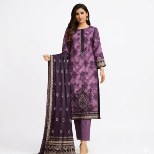 Noor-e-Azal Luxe Collection - 3 Piece Printed Lawn Suit with Embroidered Border & Dupatta - Deep Purple