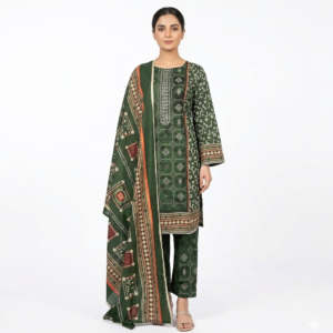 Noor-e-Azal Unstitched 3-Piece Lawn Suit - Green Bandhani Print with Embroidered Neckline