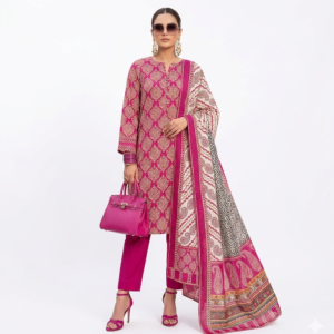 Sana Safinaz 3 Piece Printed Lawn Suit Front View - Digital Print Pink Shirt with Voil Dupatta and Dyed Trouser