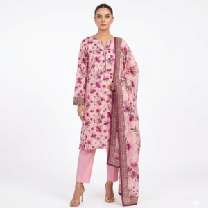 A professional model showcasing a Sana Safinaz 3-piece unstitched lawn suit in pink with intricate digital floral prints, paired with a matching voile dupatta and plain trousers.