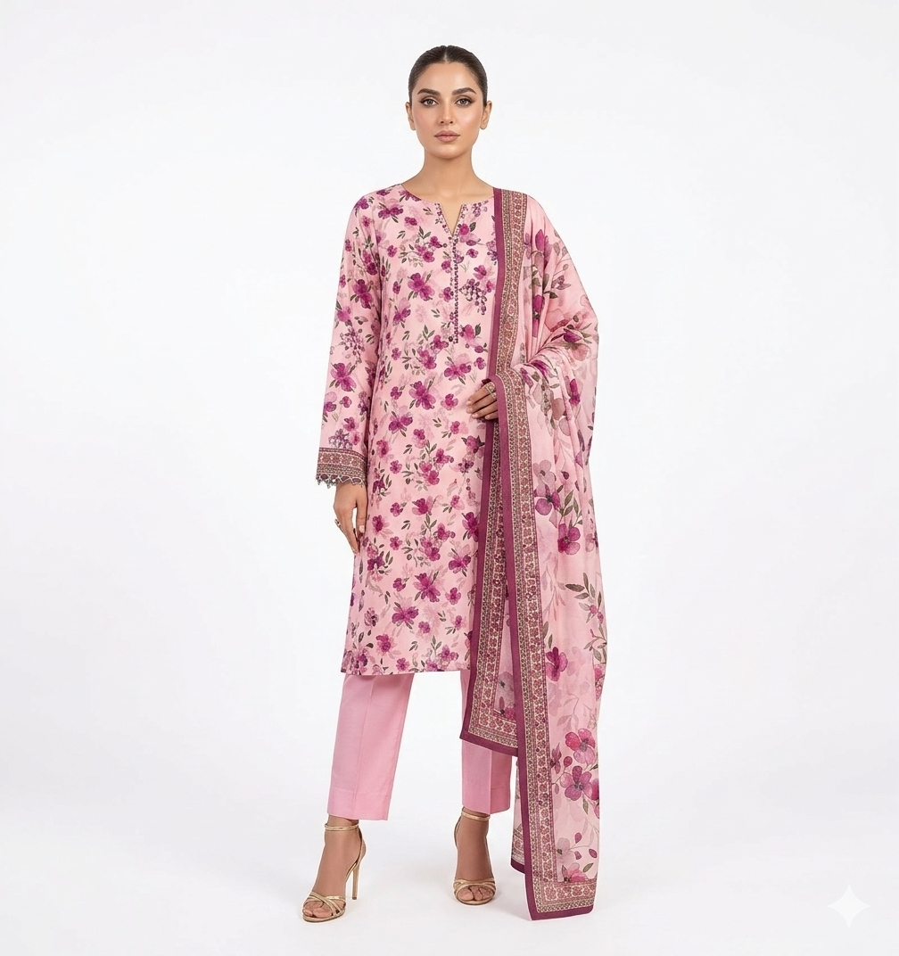 A professional model showcasing a Sana Safinaz 3-piece unstitched lawn suit in pink with intricate digital floral prints, paired with a matching voile dupatta and plain trousers.