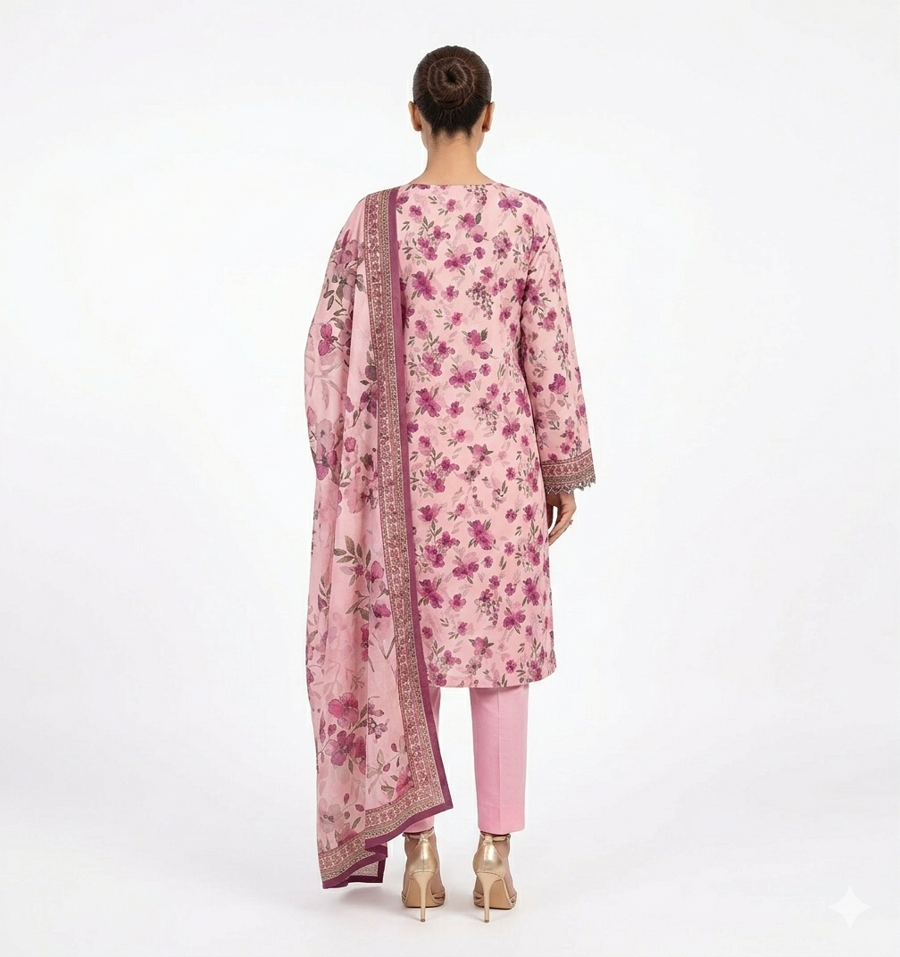 A professional model showcasing a Sana Safinaz 3-piece unstitched lawn suit in pink with intricate digital floral prints, paired with a matching voile dupatta and plain trousers.