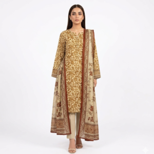 Sana Safinaz Printed Lawn 3-Piece Suit with Voil Dupatta – Beige & Floral Design